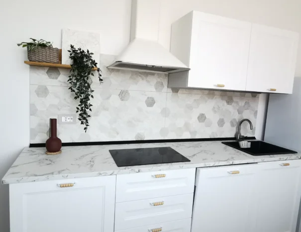 Piano cottura a induzione e stoviglie nell'alloggio vacanze Soli.